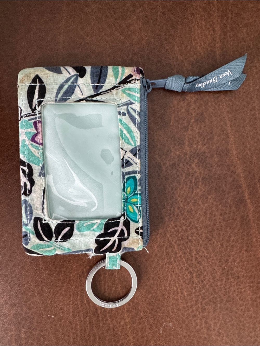 Vera Bradley Floral Quilted ID Wallet Keyring - Teal, Black, White, Gray, Purple